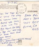 Penn Jillette postcard, April 7, 1985